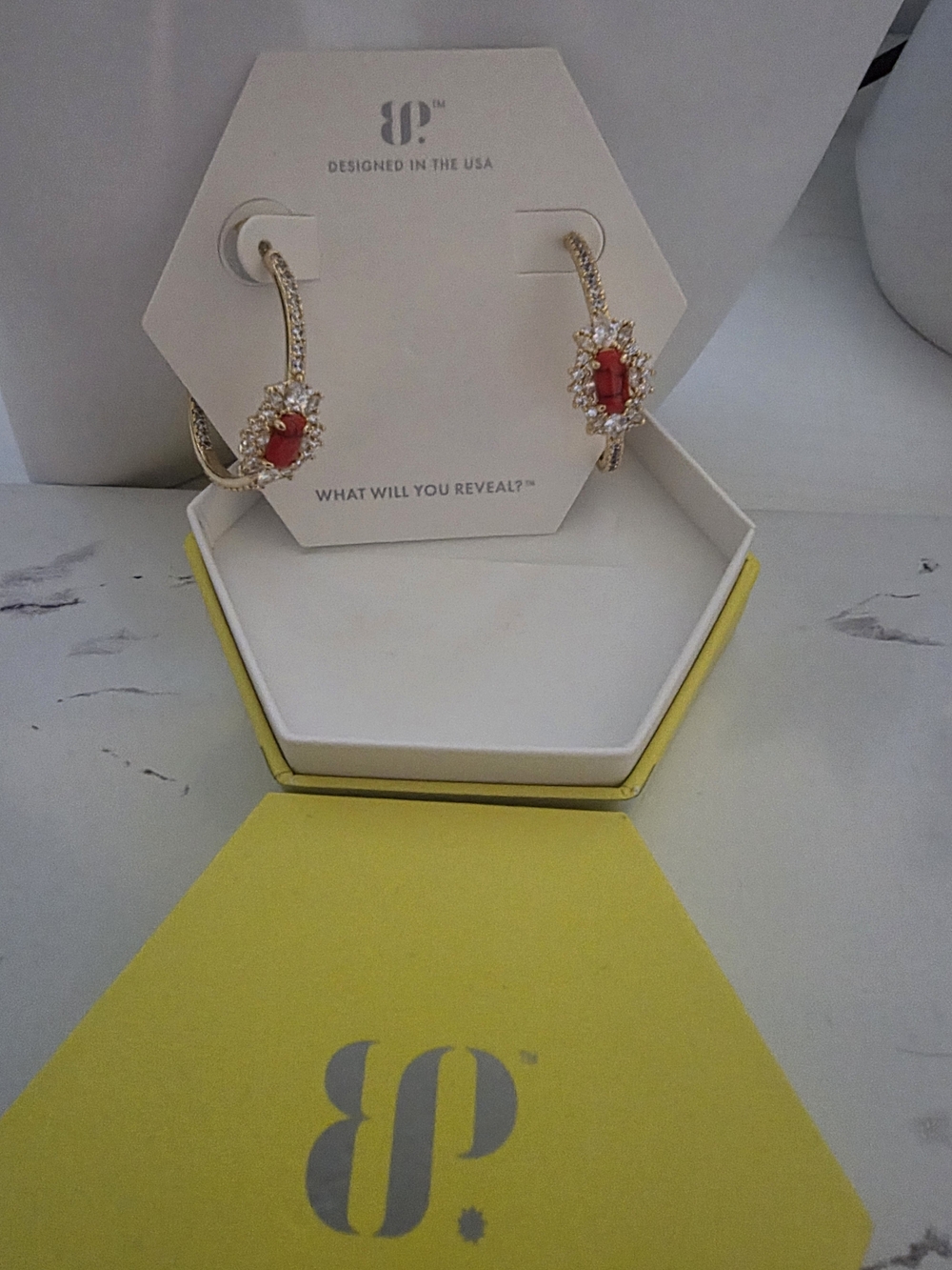 bp Gold-Tone Hoop Earrings with Red Center Stones and Clear Crystals